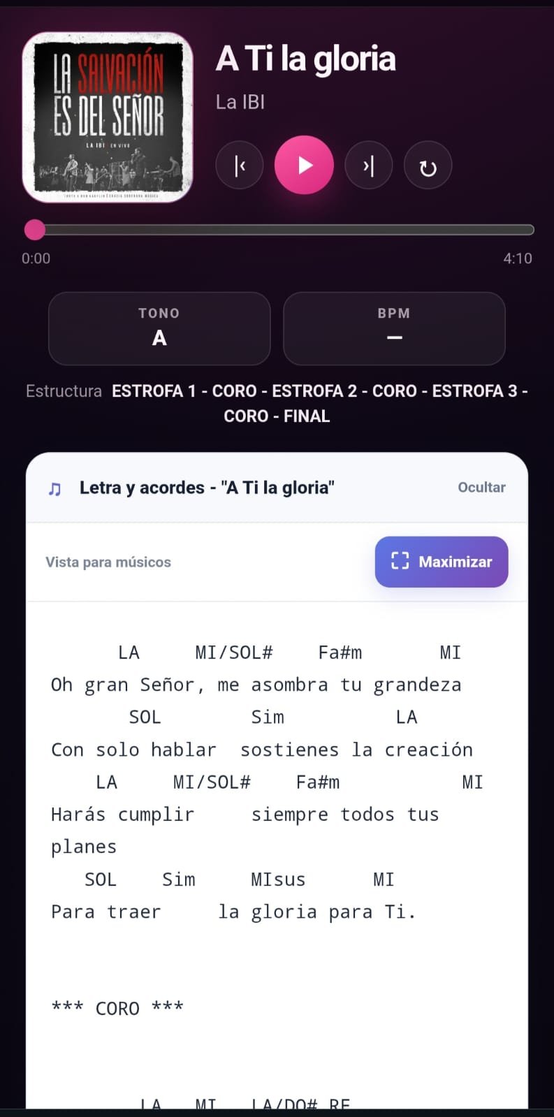 Reproductor de Levitas con letra y acordes